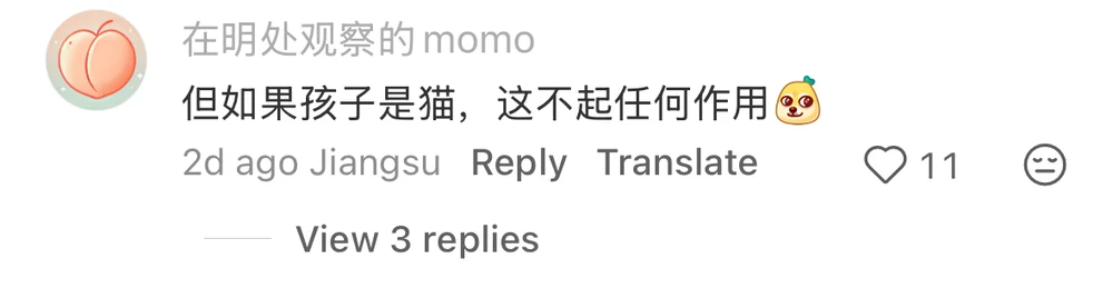 A momo comment noting that if the child were a cat, this would achieve nothing