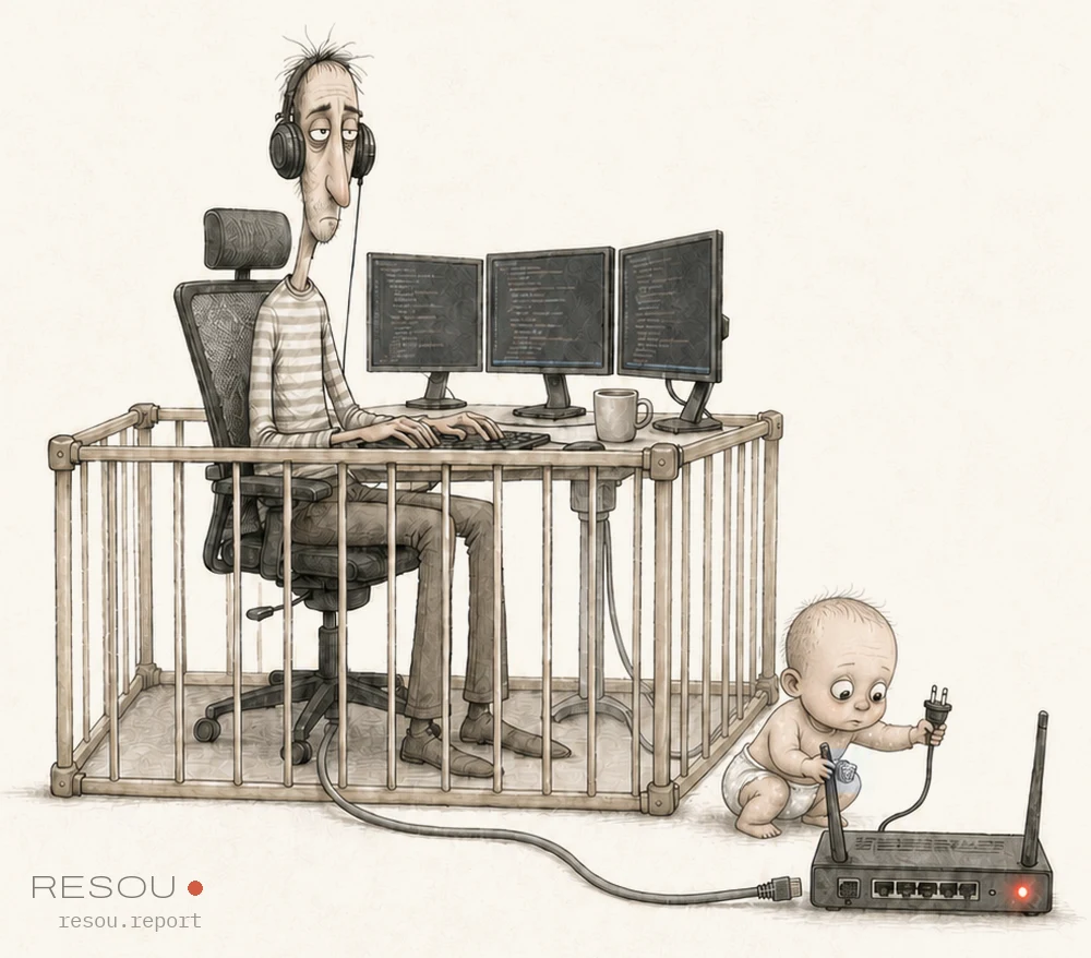 Editorial cartoon: a man in headphones works at three monitors inside a wooden playpen, while outside it a baby sits by the router holding the power plug it has just pulled out