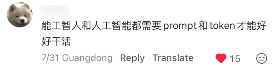A comment reading 能工智人和人工智能都需要prompt和token才能好好干活, username blurred, 15 likes — 能工智人 (neng gong zhi ren)