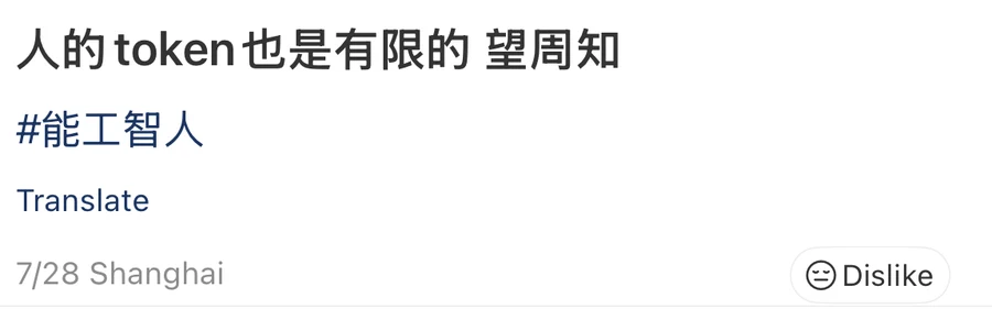 The caption of a Xiaohongshu post reading 人的token也是有限的 望周知, tagged #能工智人, posted 7/28 from Shanghai — 望周知 (wang zhou zhi)