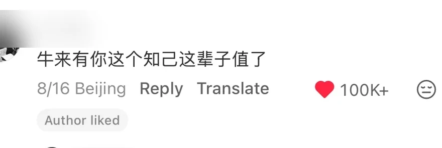 A Xiaohongshu comment telling a viewer that Niu Lai found its true confidant and therefore had a worthwhile life, more than 100,000 likes, Beijing; username blurred — 牛来 (niu lai)