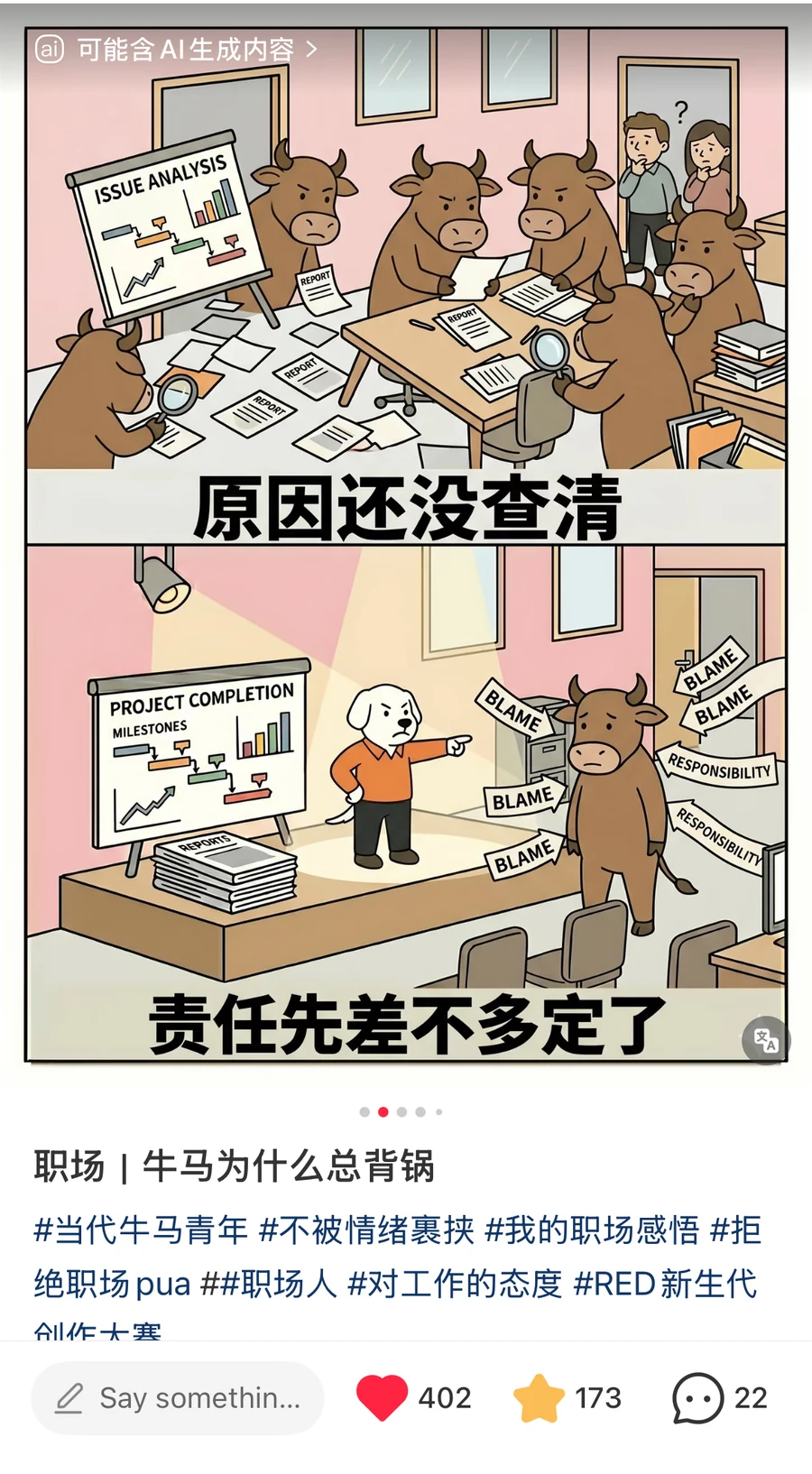 A RedNote post titled 职场 牛马为什么总背锅, asking why workplace beasts of burden always take the fall, with 402 likes. Its two-panel cartoon, carrying the platform's AI-generated-content label, shows cows still analysing the issue above the caption 原因还没查清, the cause has not been identified, while below, a dog points at one cow under the caption 责任先差不多定了, the person responsible has basically been chosen. The account region is excluded from the crop — 背锅 (bei guo) — 背锅 (bei guo)