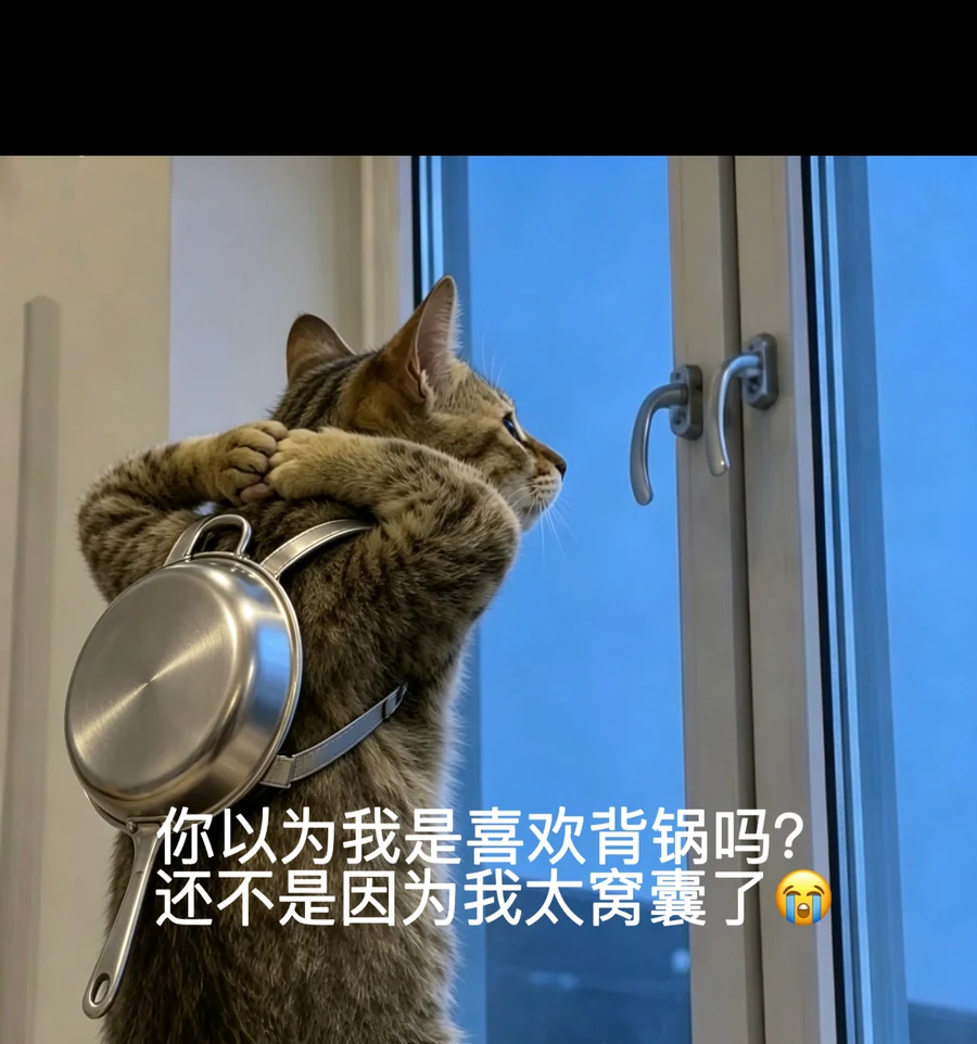 A circulating cat meme showing a cat literally carrying a wok while saying 你以为我是喜欢背锅吗, do you think I like taking the fall; no account data is present — 背锅 (bei guo) — 背锅 (bei guo)