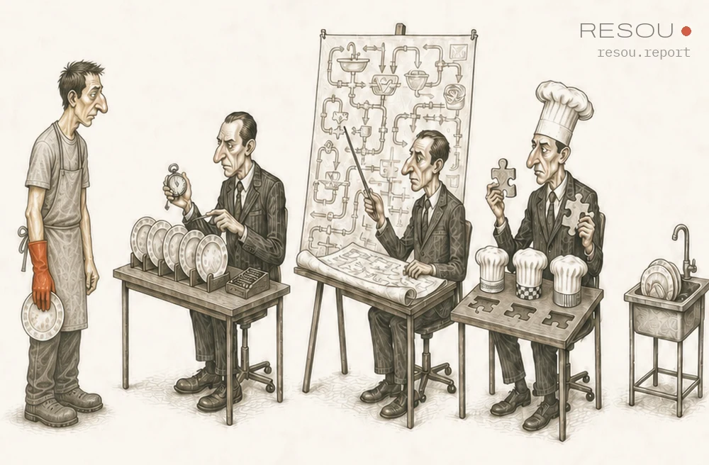 Editorial cartoon: a man in an apron and one red rubber glove holds a plate before three suited interviewers at three separate stations — a stopwatch and a row of plates, a workflow flip chart, chef hats and jigsaw pieces — with the sink at the far end of the row