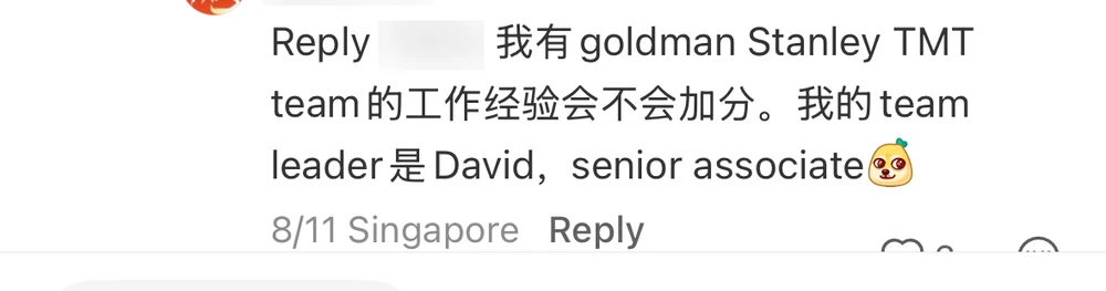 A reply offering experience on the goldman Stanley TMT team, with a team leader named David