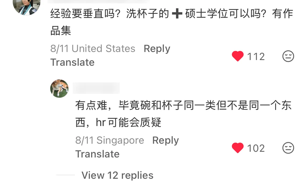 A comment asking whether the experience has to be vertical, offering cup-washing plus a master's degree and a portfolio, with a reply saying HR may push back