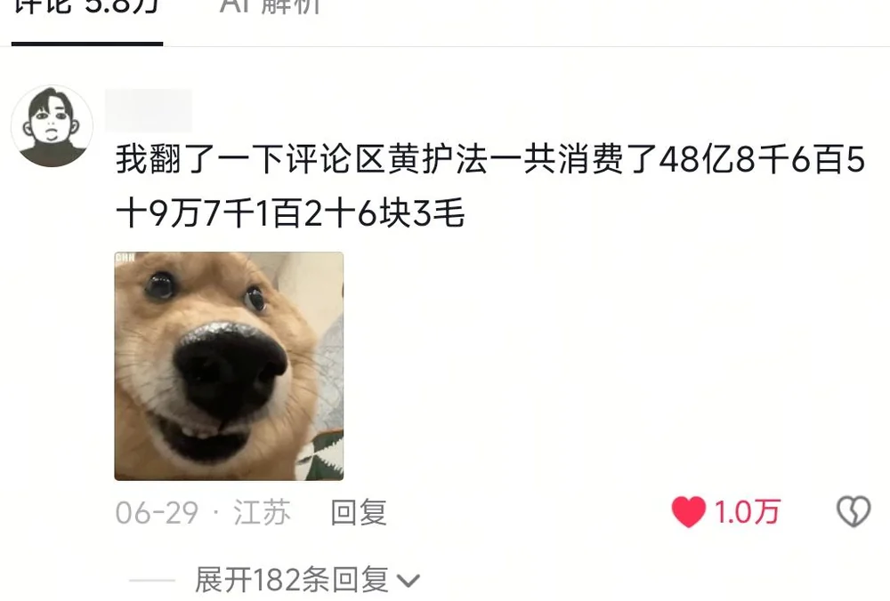 A blurred-ID comment calculating Huang Hufa's total spending down to the last three mao