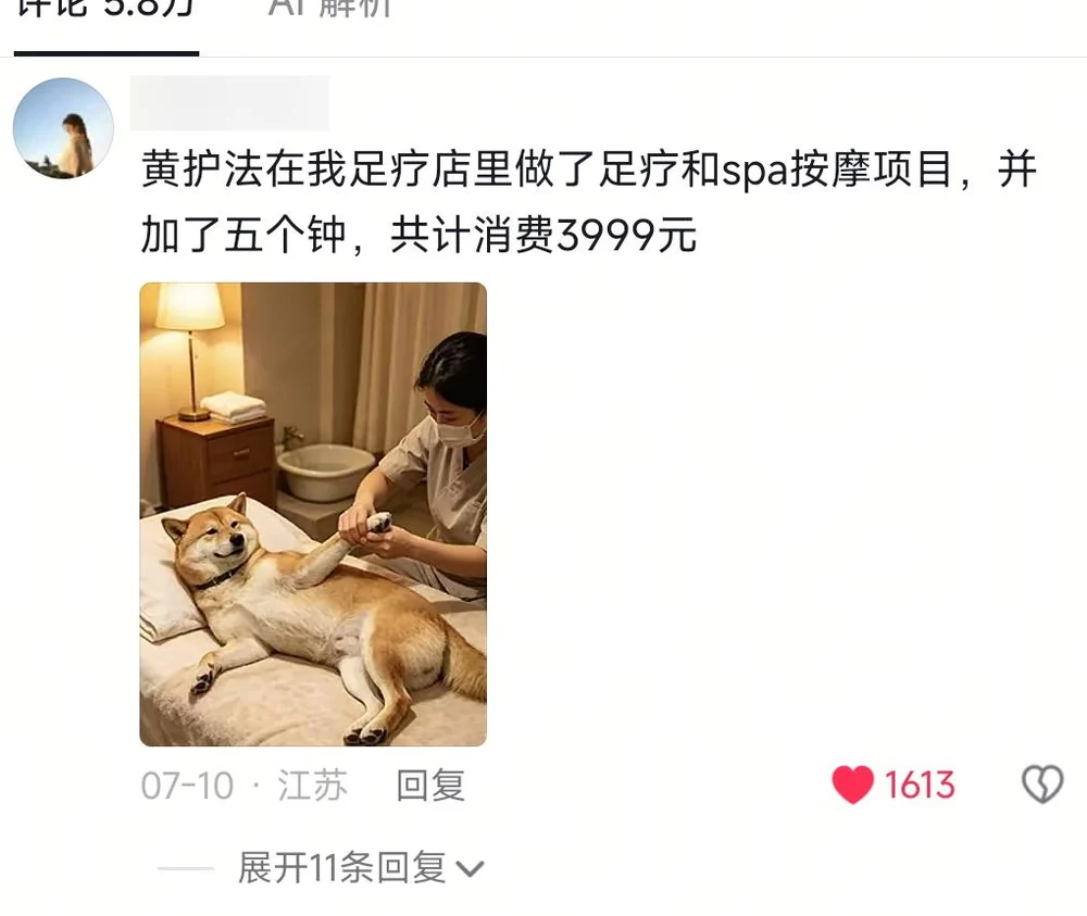 A blurred-ID comment billing 3,999 yuan for foot therapy, spa massage and five extra time blocks