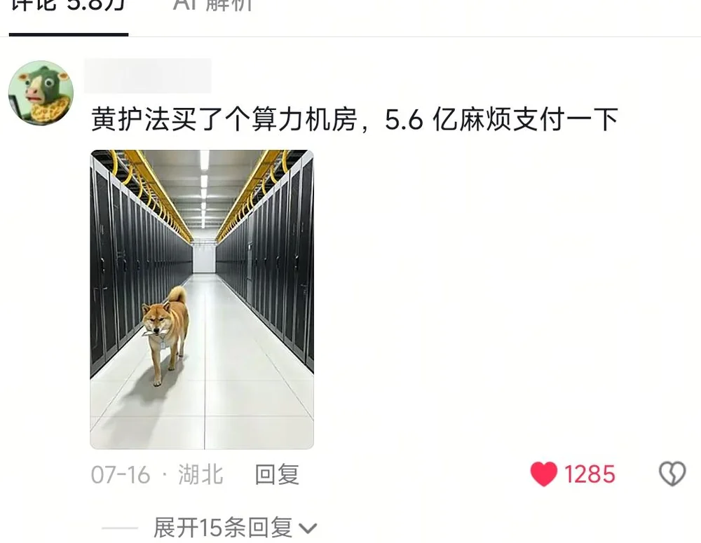 A blurred-ID comment showing Huang Hufa in a server room, billing 560 million yuan for a computing facility