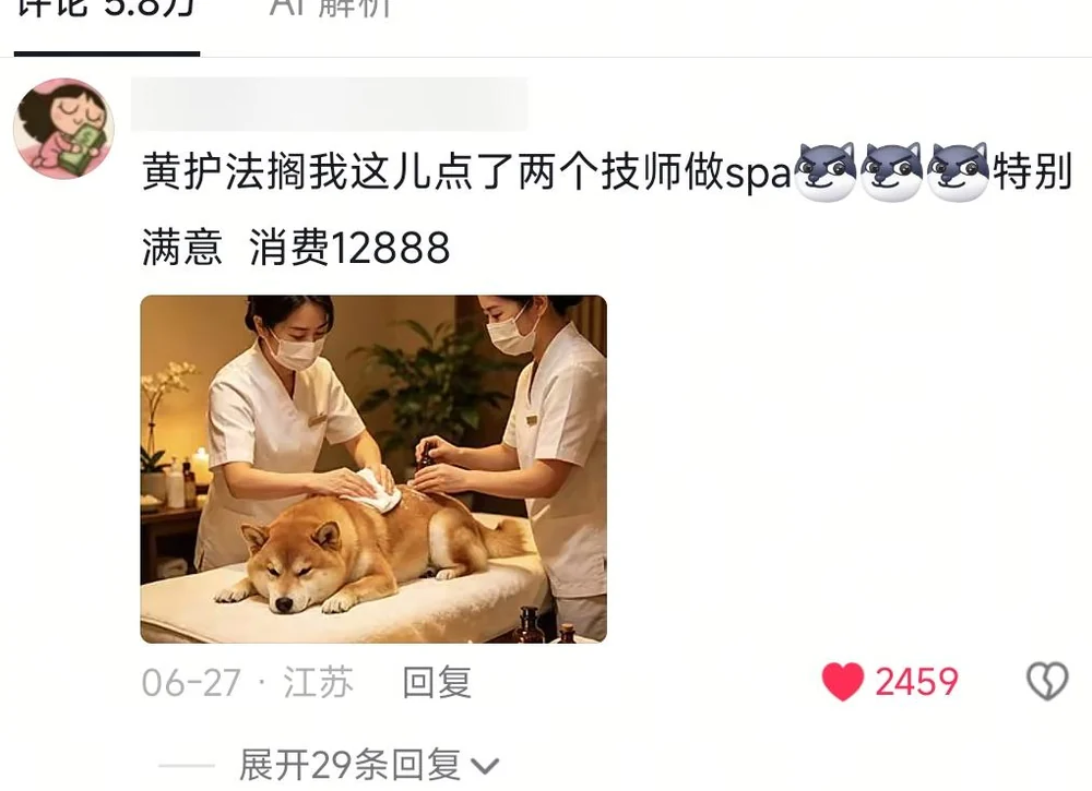A blurred-ID comment showing Huang Hufa at a spa, billing 12,888 yuan for two technicians