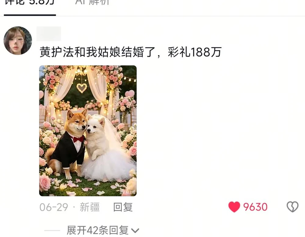A blurred-ID comment with a dog wedding image, saying Huang Hufa married the commenter's daughter for a 1.88-million-yuan bride price