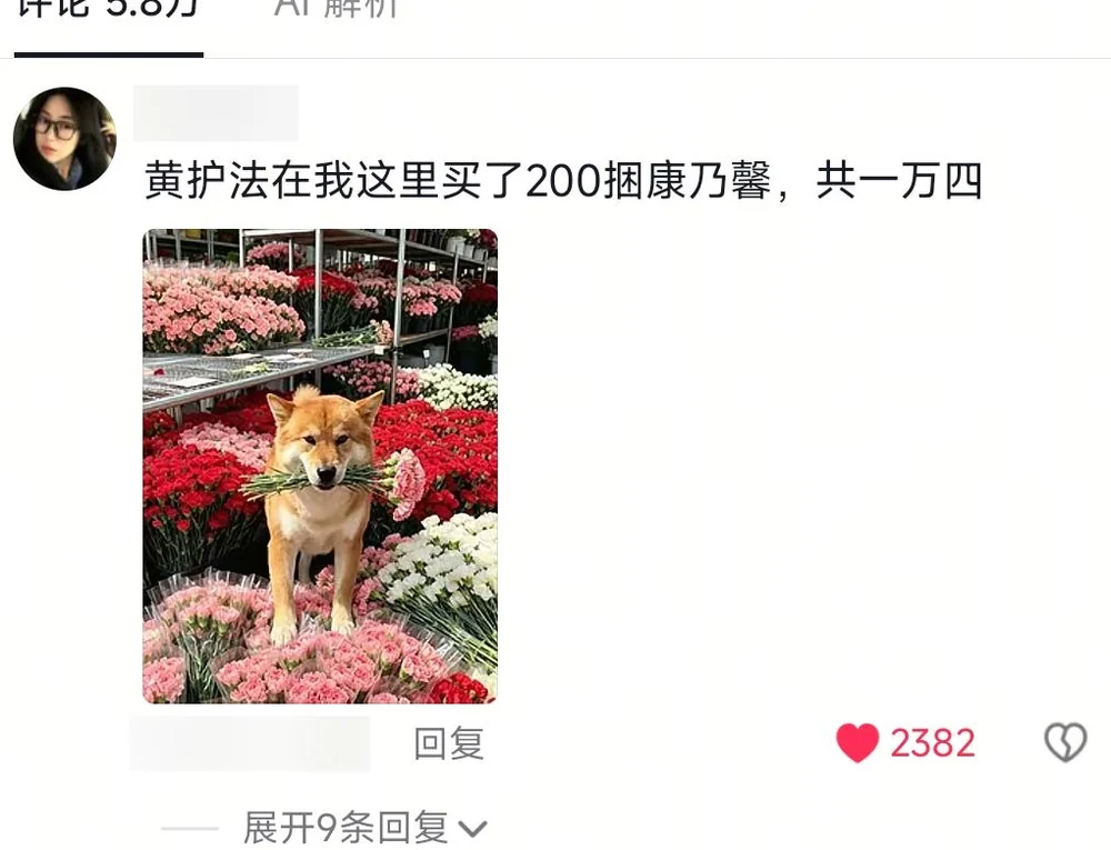 A blurred-ID comment showing Huang Hufa among carnations, billing fourteen thousand yuan for two hundred bundles