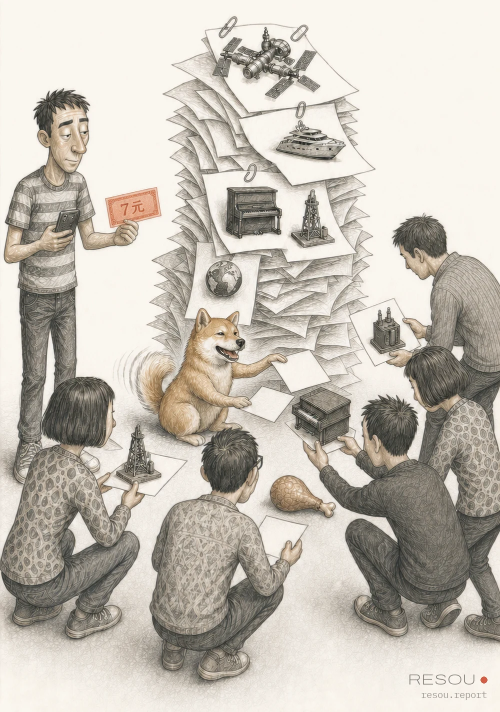 A RESOU editorial cartoon in which Huang Hufa sits beside a tower of receipts while commenters offer invoices for a piano, oil rig, yacht, transformer and space station and his owner holds the original ¥7 receipt