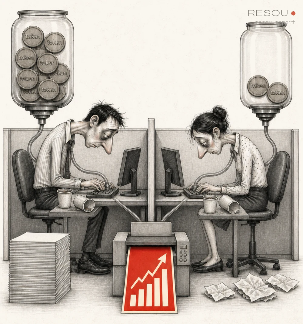 Editorial cartoon: two office workers hunched at facing desks, each fed through a drip line from an overhead glass jar of coins marked token — one jar nearly full, the other down to two; a paper coffee cup stands and a second lies crushed on each desk; the first worker's output is a tall neat stack of paper, the second's a scatter of crumpled sheets, and between them a printer extrudes a red page showing a rising bar chart