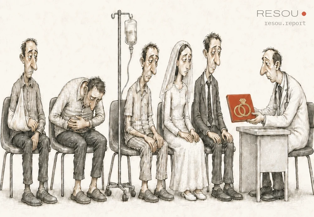 Editorial cartoon: patients wait on hospital chairs — one arm in a sling, one on a drip — and among them sit a bride and groom, while a doctor at a desk holds out a red marriage certificate