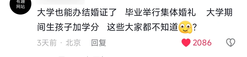 A comment listing university marriage perks: certificates on campus, group weddings at graduation, extra credits for having a baby during your degree