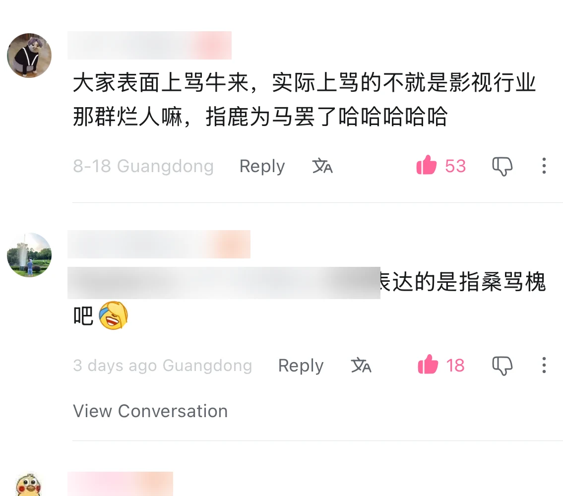 A Bilibili comment saying people were criticising the film industry through Niu Lai, plus a correction to the idiom, with usernames blurred