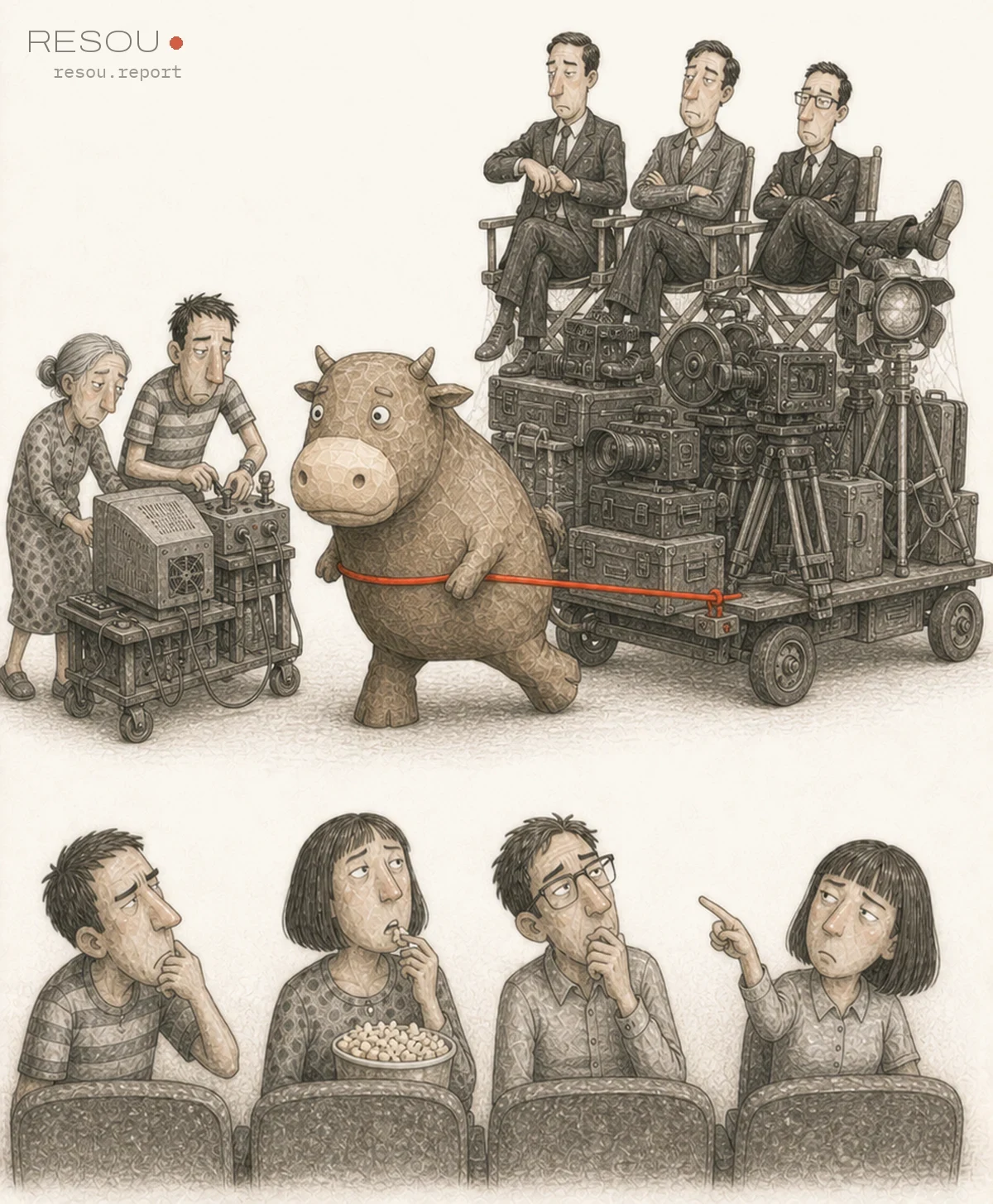 A RESOU editorial cartoon of a mother and son operating handmade equipment while a calf pulls a cart loaded with film cameras and seated industry executives; four cinema viewers watch below