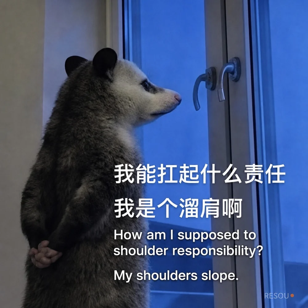 A bilingual RESOU meme showing an opossum with sloping shoulders at a window, captioned: How am I supposed to shoulder responsibility? My shoulders slope.