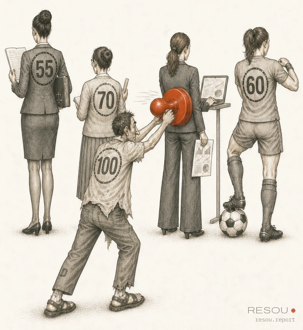 Editorial cartoon: four women absorbed in reading, teaching, working and football, numbers stamped on their backs, while a scrawny man whose own shirt reads 100 reaches up to press a big red seal onto another woman's back