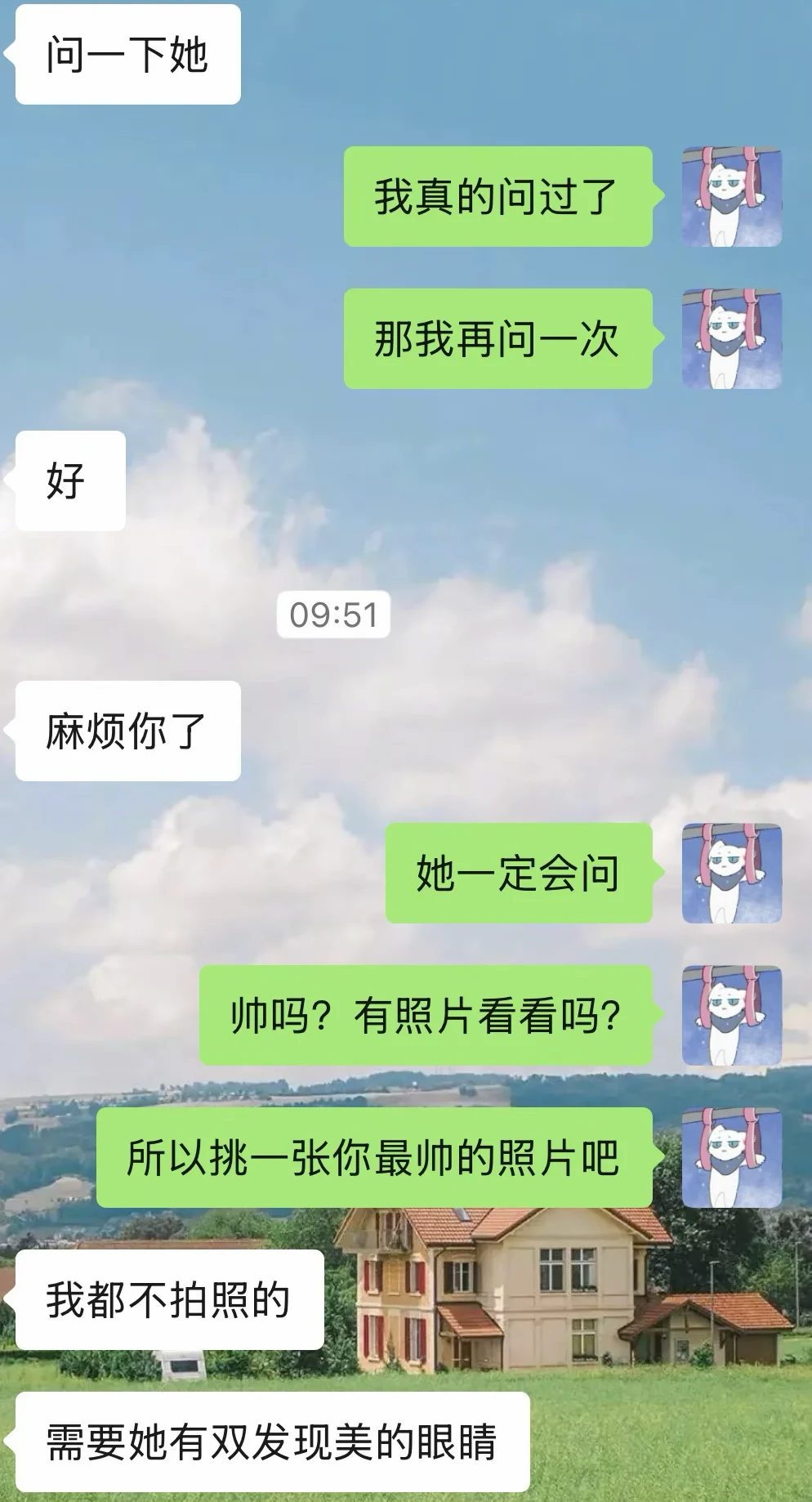 The enlarged chat: she'll ask if he's good-looking and for photos; pick your best photo; I don't take photos; she'll need a pair of eyes that can discover beauty