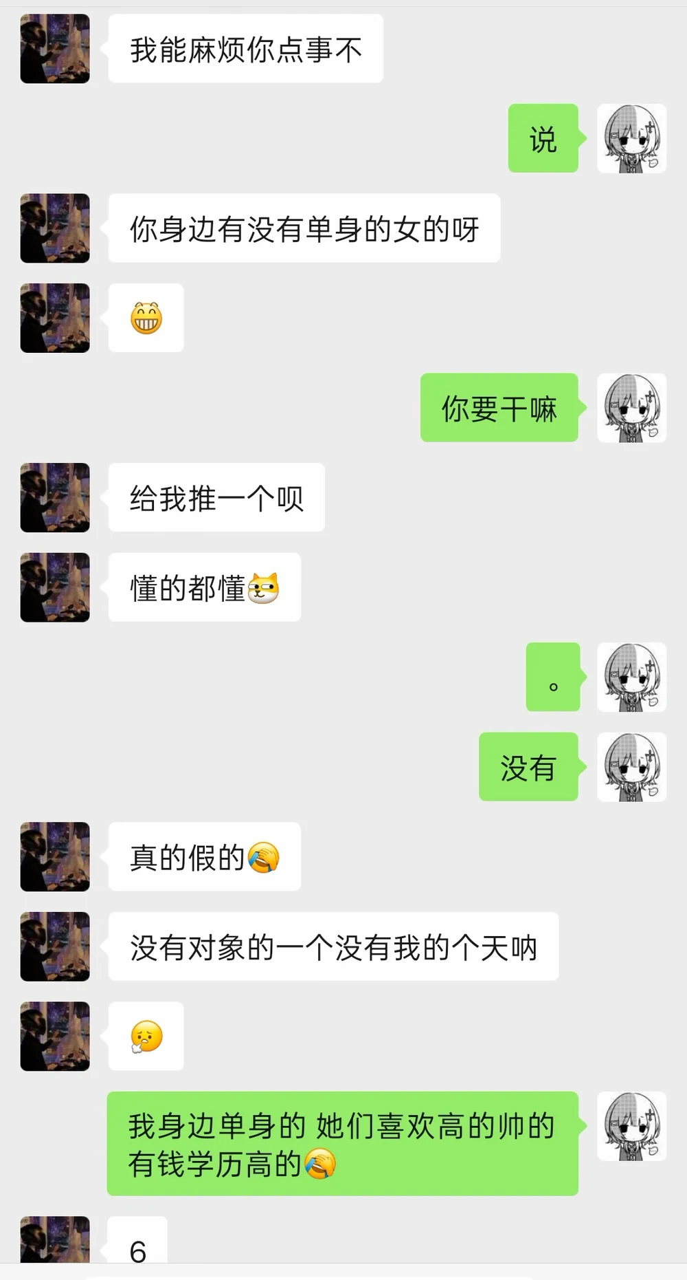 The first chat, enlarged: can I bother you with something — any single women around you — push one my way, you know how it is — no — the single ones around me like tall, handsome, rich and well-educated — 6