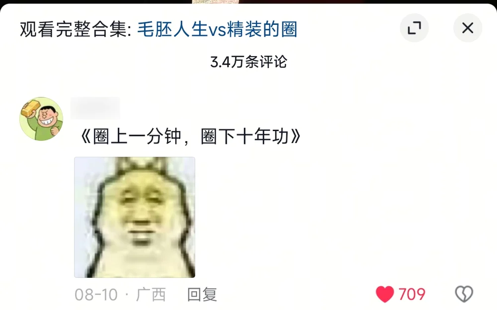 A comment titling the phenomenon: one minute on the feed, ten years of grind below it — 709 likes