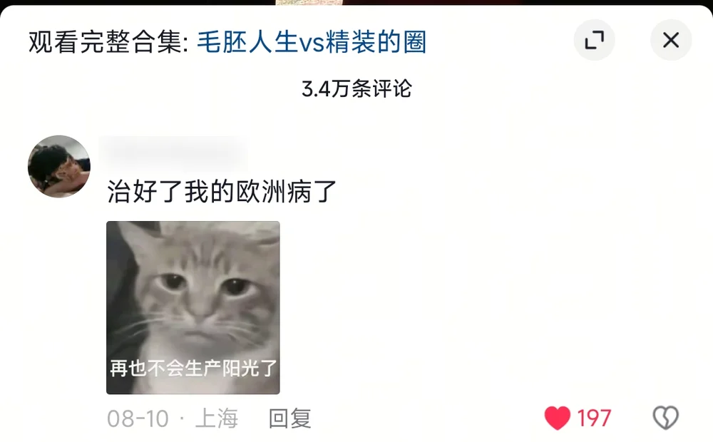A comment declaring itself cured of Europe disease, with a cat meme captioned "no longer producing sunshine" — 197 likes