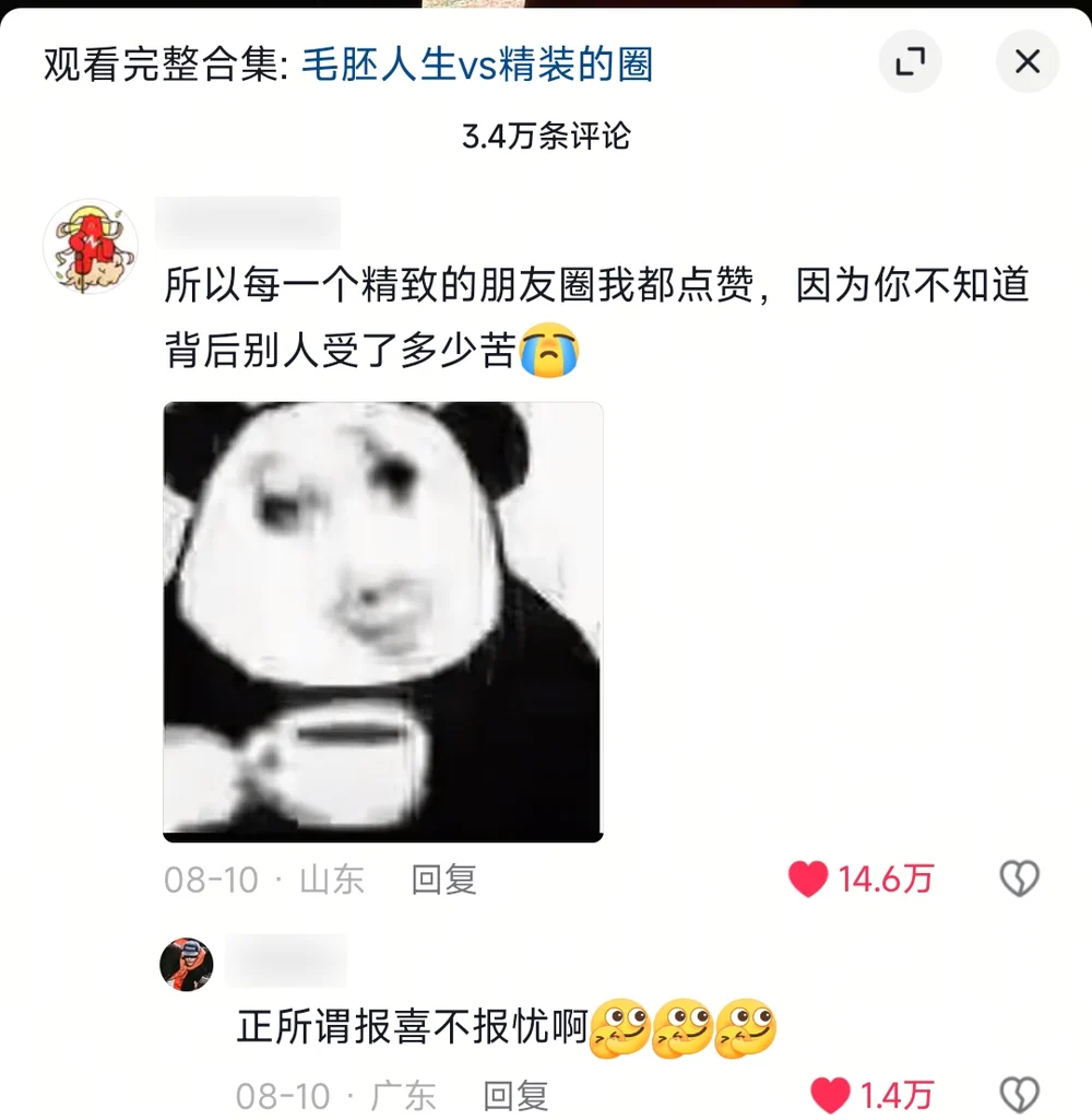 The most-liked comment of all: I now like every polished Moments post, because you don't know how much the person suffered — 146K likes, with the reply naming the proverb