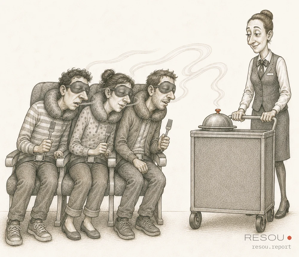 Editorial cartoon: three passengers asleep in eye masks and neck pillows, forks already in hand, lean as one toward a meal cart while a flight attendant lifts a cloche and the steam drifts into their noses