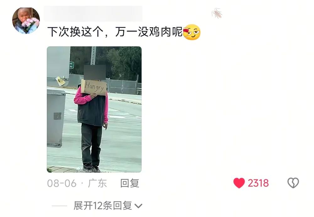 A comment suggesting a different sign for next time in case there is no chicken, with a photo of a person holding a cardboard sign reading Hungry
