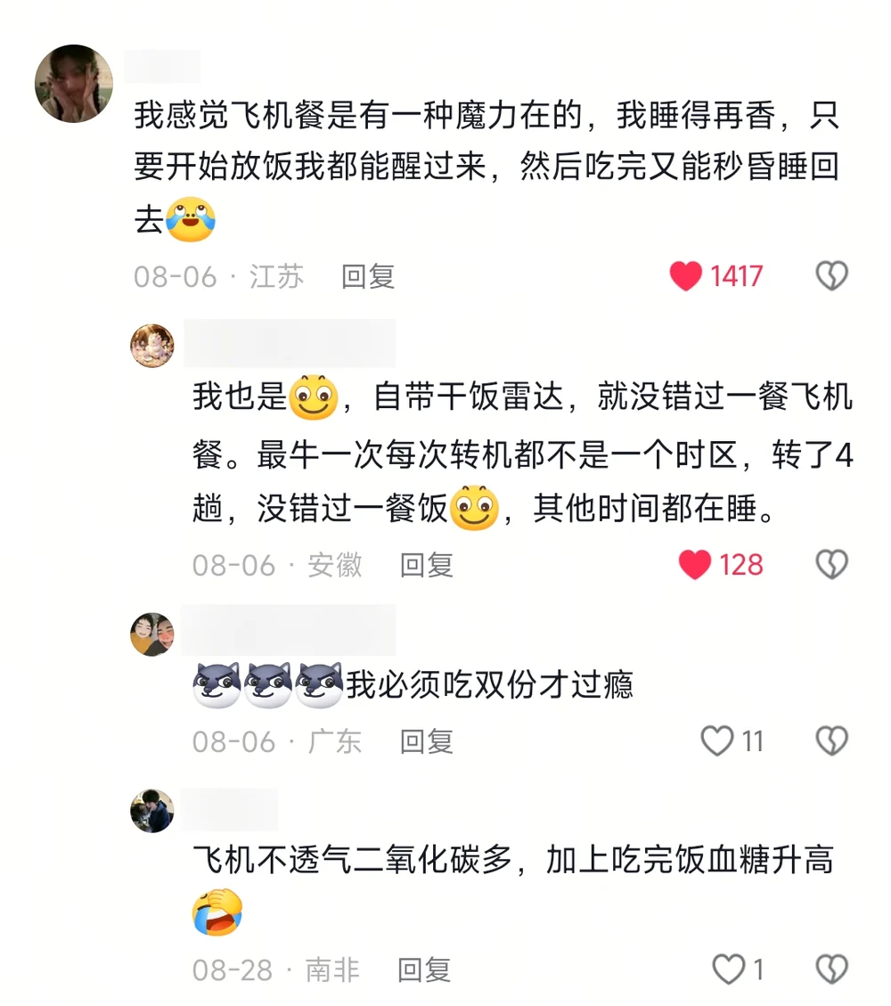 A comment about airplane meals having a kind of magic that wakes you up and puts you back to sleep, with replies about a built-in food radar across four connections, needing double portions, and cabin CO2 plus blood sugar