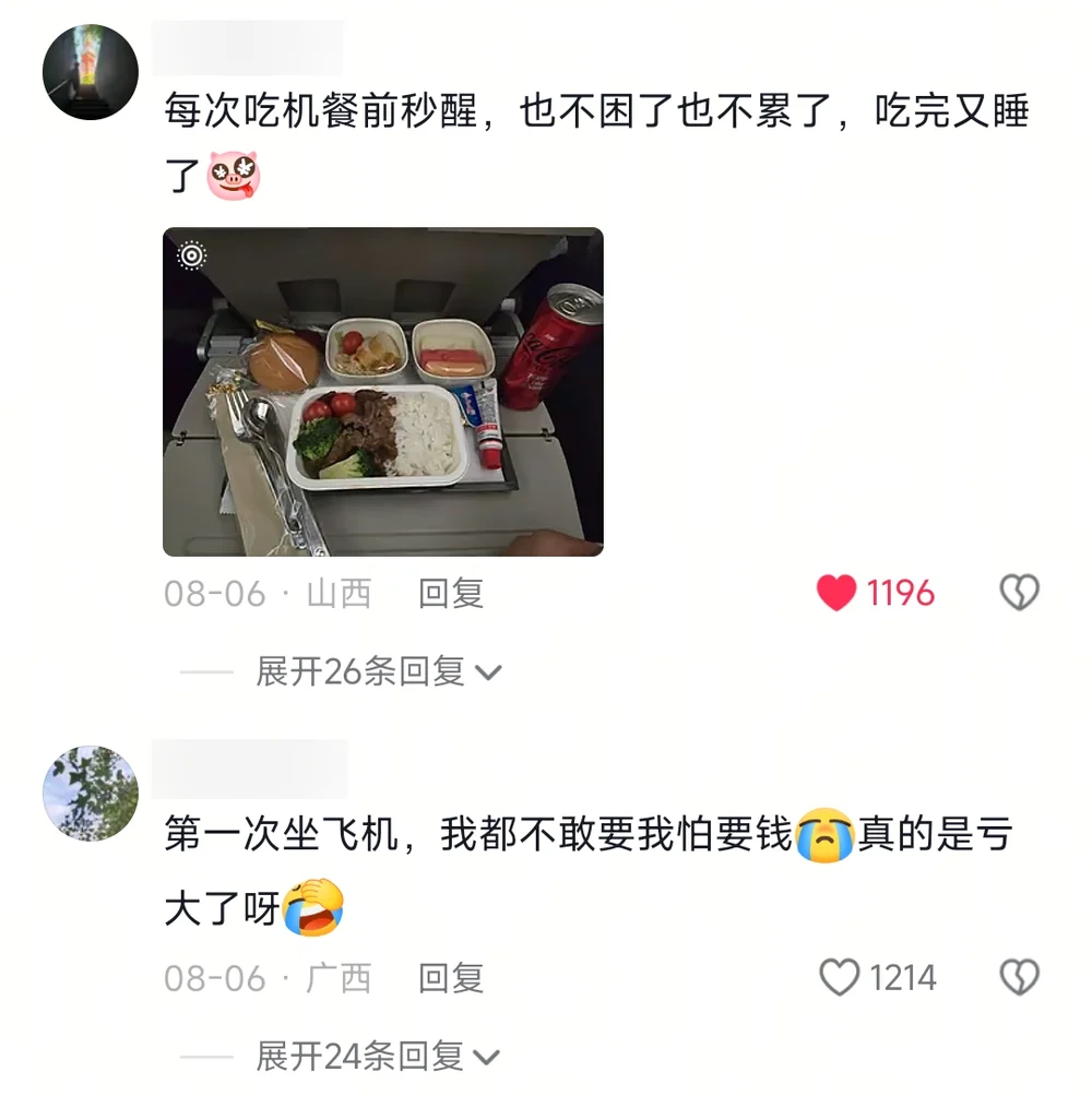 A comment with a photo of a meal tray and a can of cola, saying they wake up right before the meal and fall asleep after, and a comment about not daring to ask for anything on a first flight for fear of being charged