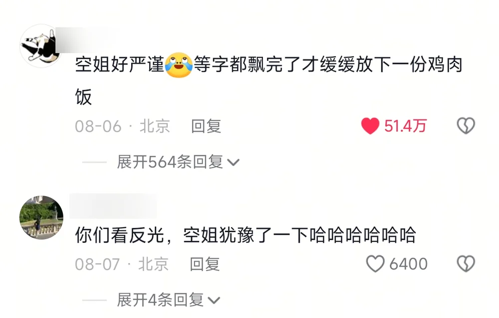 The top comment saying the attendant is so thorough she waited for the whole word to scroll past before slowly setting down one chicken rice, and a reply pointing at the reflection where she hesitated