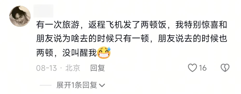 A comment about a return flight that served two meals, and a friend revealing the outbound flight had two as well but nobody woke them