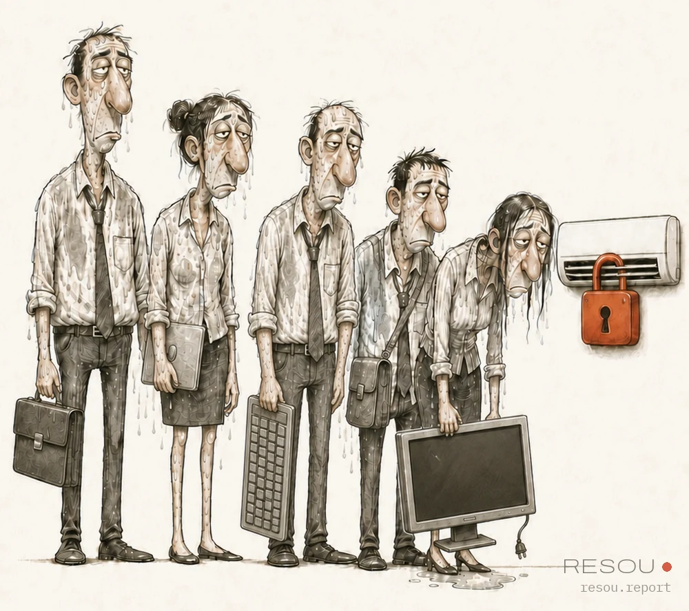 Editorial cartoon: five office workers stand sweating through their shirts, holding their equipment, beside a wall-mounted air conditioner sealed with a red padlock