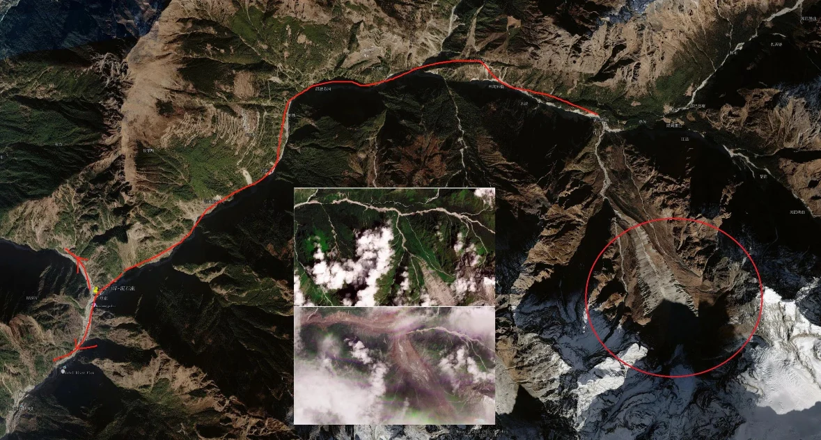 The annotated satellite image tracing the flow path from the glacial lake