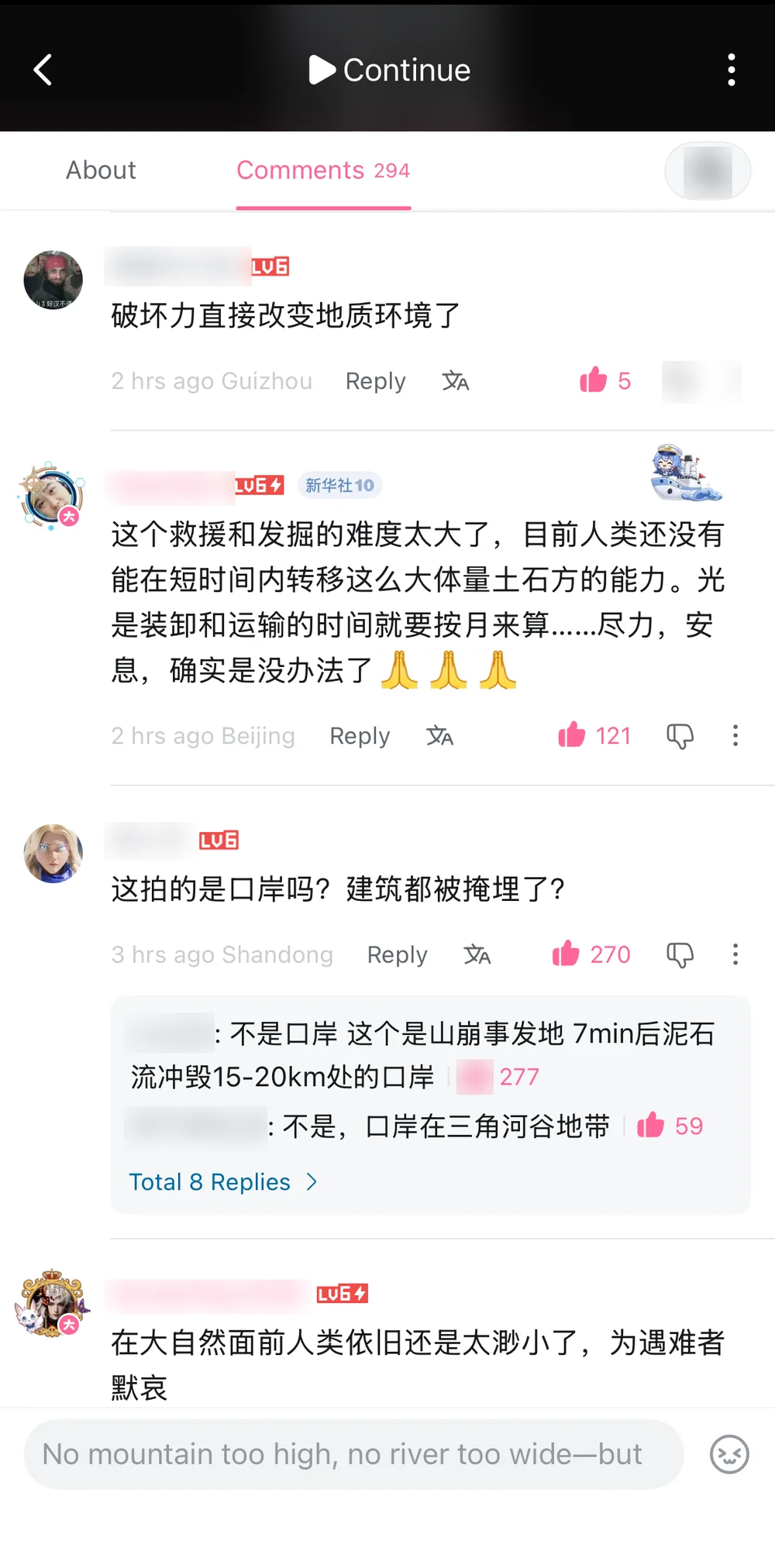 Comments under the livestream: the destroyed geology, the months-long scale of any recovery, and replies locating the filmed site upstream of the port