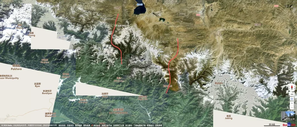 The full satellite image: two thin corridors traced in red through the snow line of the Himalayas