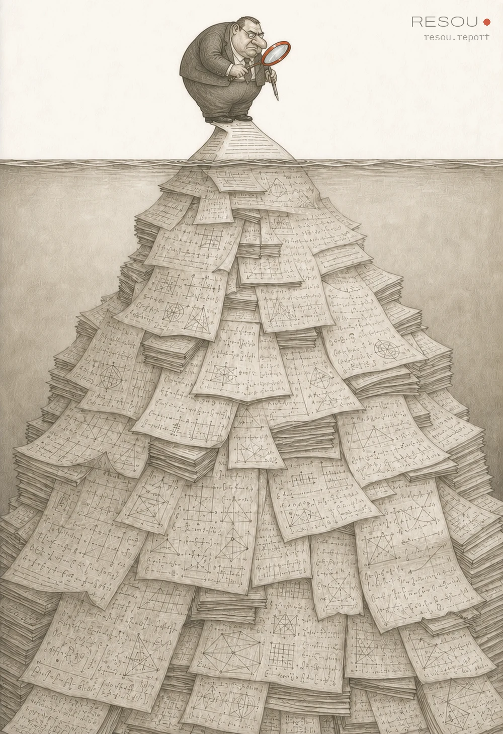 Editorial cartoon: a squat man in a suit stands on the tiny visible tip of an iceberg, examining it with a red magnifying glass — while the iceberg below the waterline is a mountain of handwritten mathematics