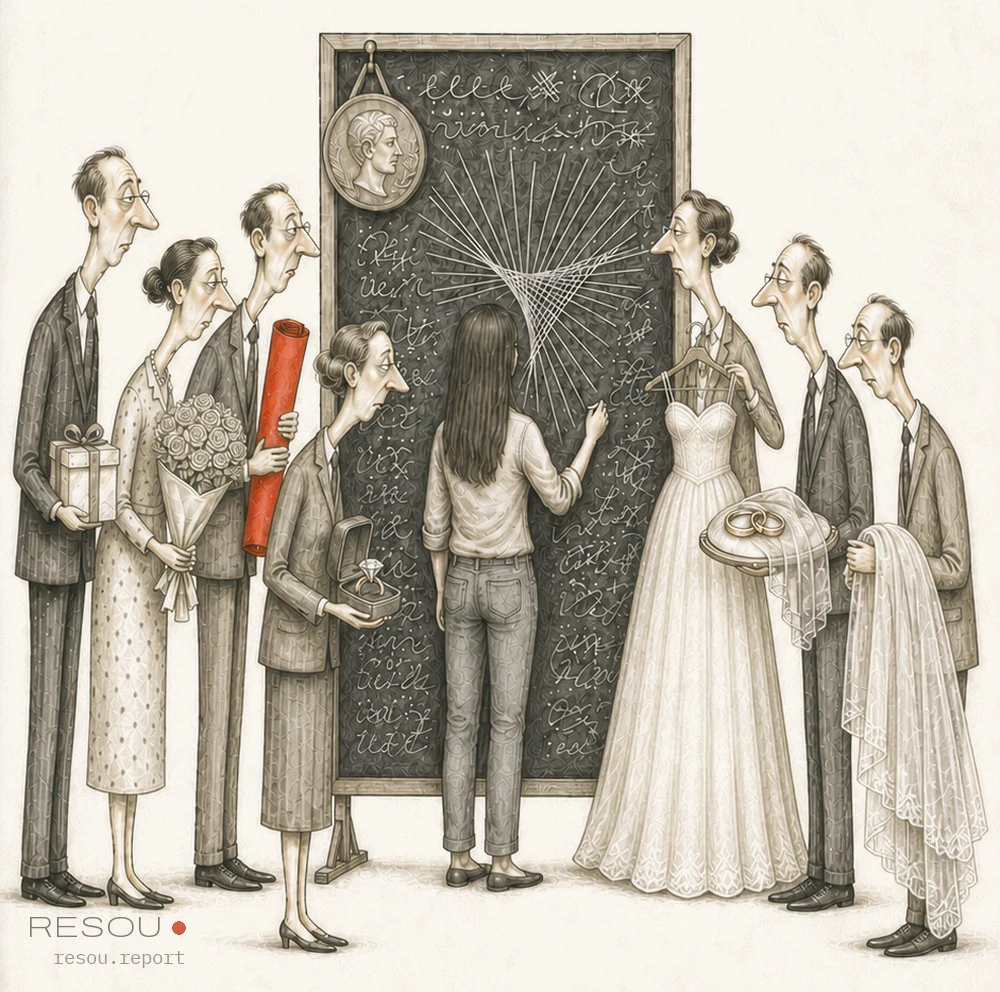 Editorial cartoon: a woman works at a blackboard while a queue behind her waits with a wedding dress, a ring box and flowers