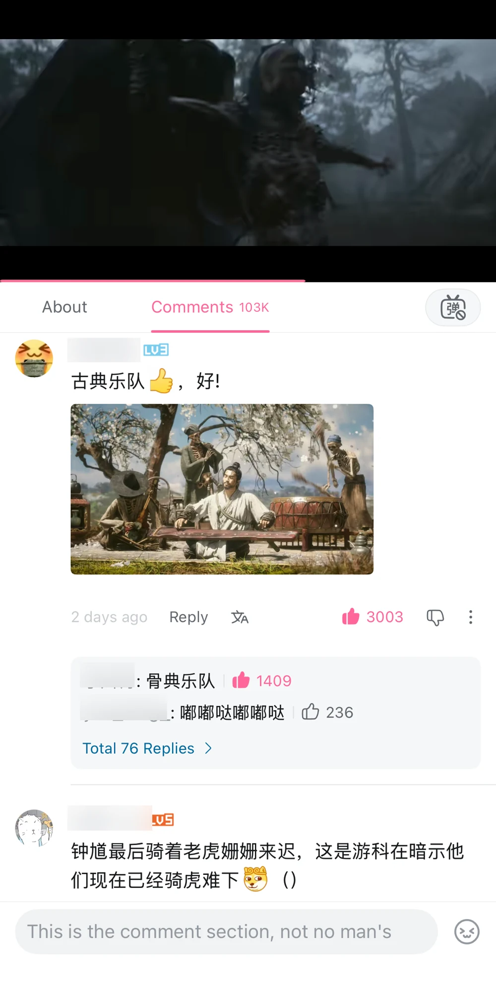 A comment praising the skeletons as a classical ensemble and a reply renaming it a bone-classical ensemble, with usernames blurred