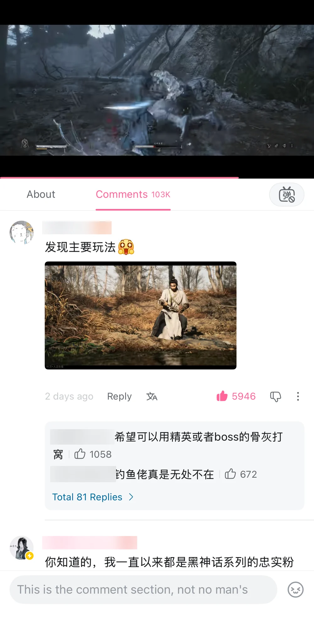A comment saying it has discovered the main gameplay loop, illustrated with a real-life fisherman, with usernames blurred