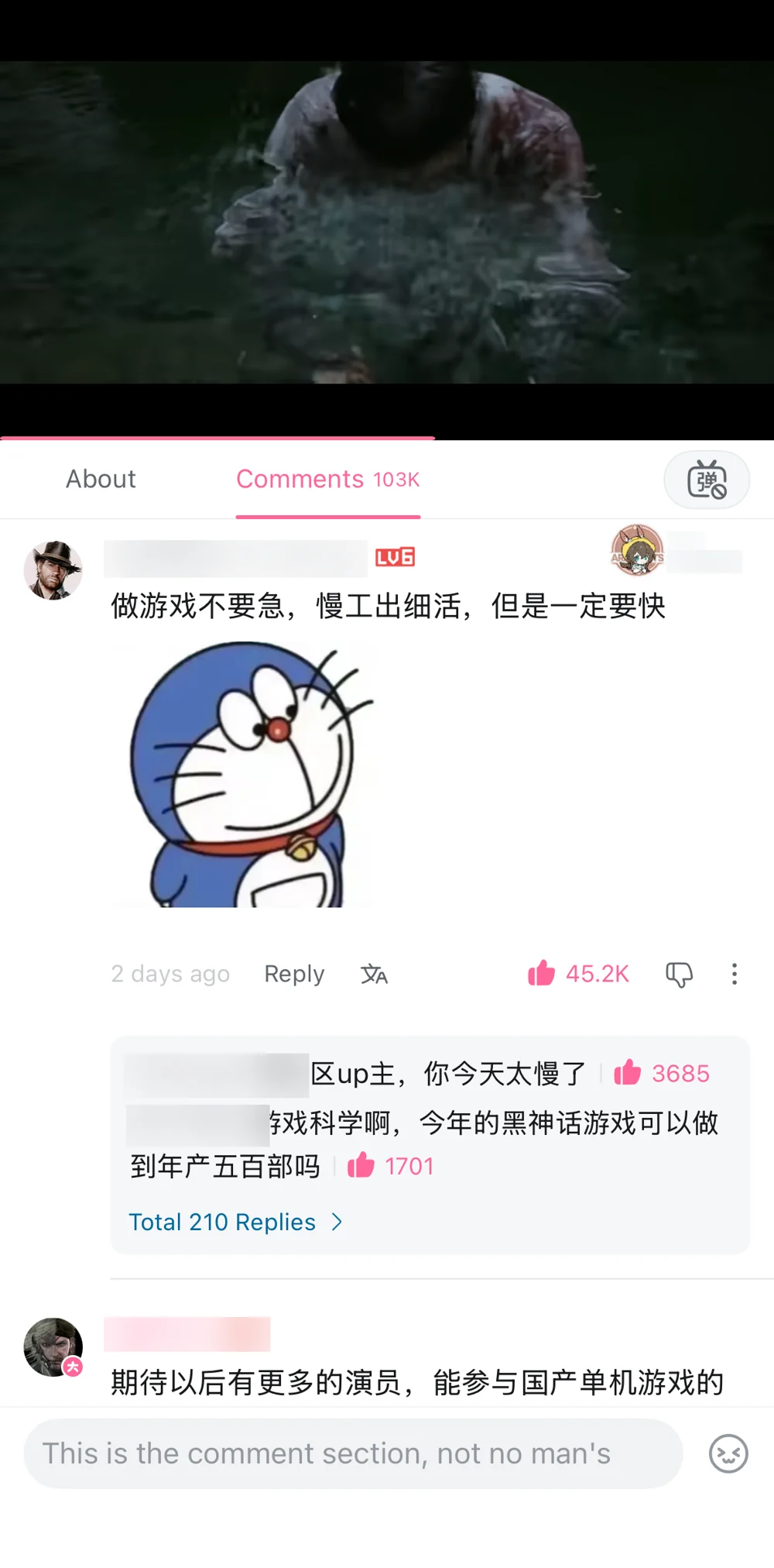 The top Bilibili comment saying fine work takes time but the studio must hurry, with replies asking for five hundred games a year, with usernames blurred