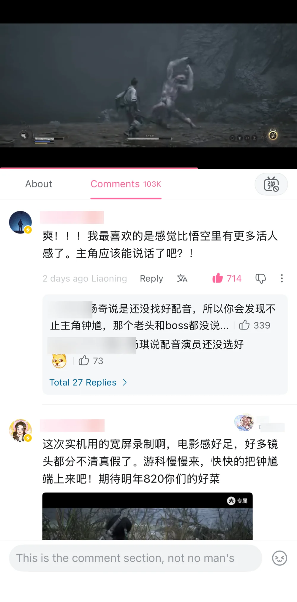 Comments asking whether the protagonist will speak and explaining that the voice cast has not yet been finalised, with usernames blurred